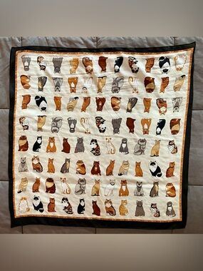 Vintage Cat Print Bandana Scarf - Black Trim